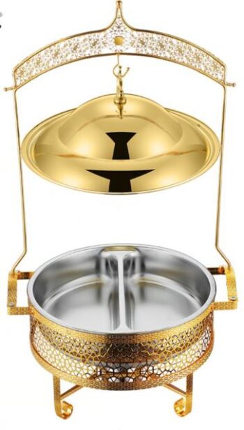DZW-LF080 – Golden Four-Leaf Jazz Cover Chafing Dish 8.0L – Luxury Partitioned Buffetware